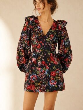 Missguided Navy Floral Ruffle Puff Sleeve Mini Dress